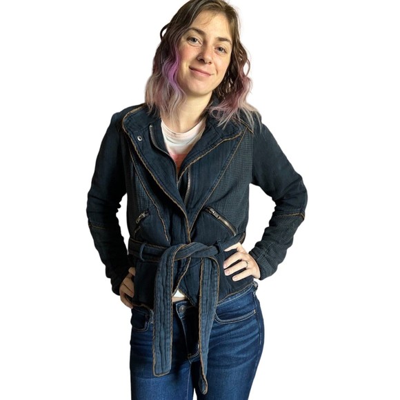 Free People Navy Blue Moto Jacket Size S Belted Full Zip Distressed Cotton - Picture 10 of 17